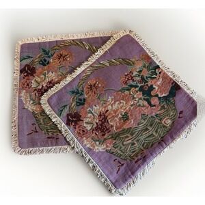 Vintage Needlepoint Pillow Covers With Velvet Backing & Fringe Basket Of Flowers